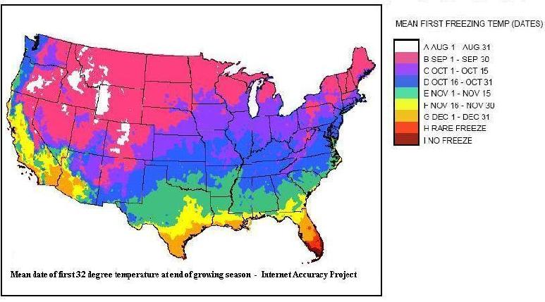 Frost date map of average first fall frost.