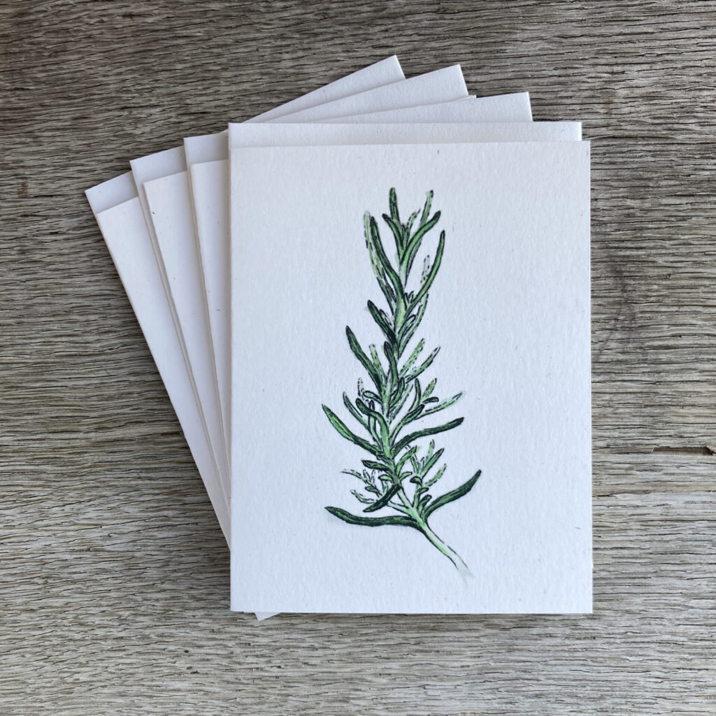 four-pack of cards with envelopes showing a painting of a rosemary plant on the front